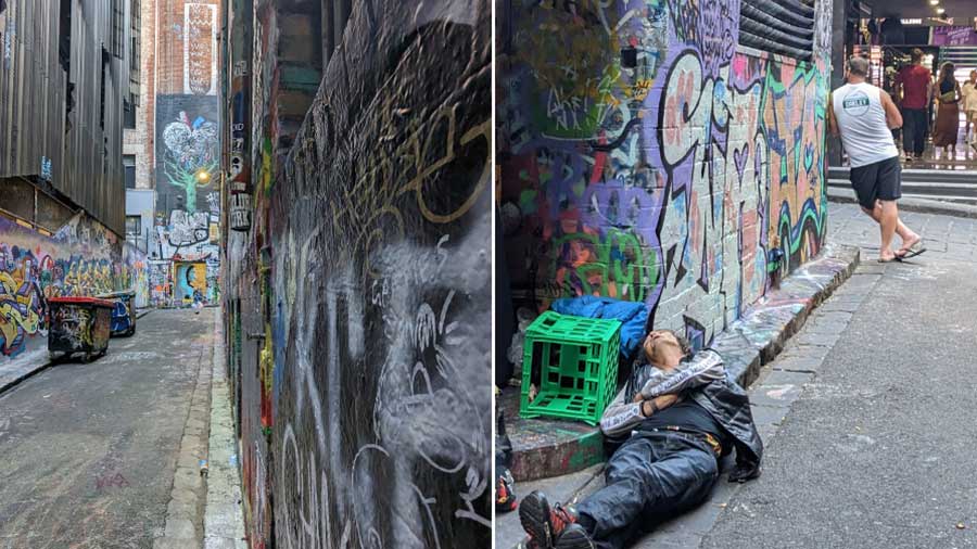 The street art continues down Rutledge Lane, which horseshoes back to Hosier Lane; (Right) The homeless of Hosier Lane 