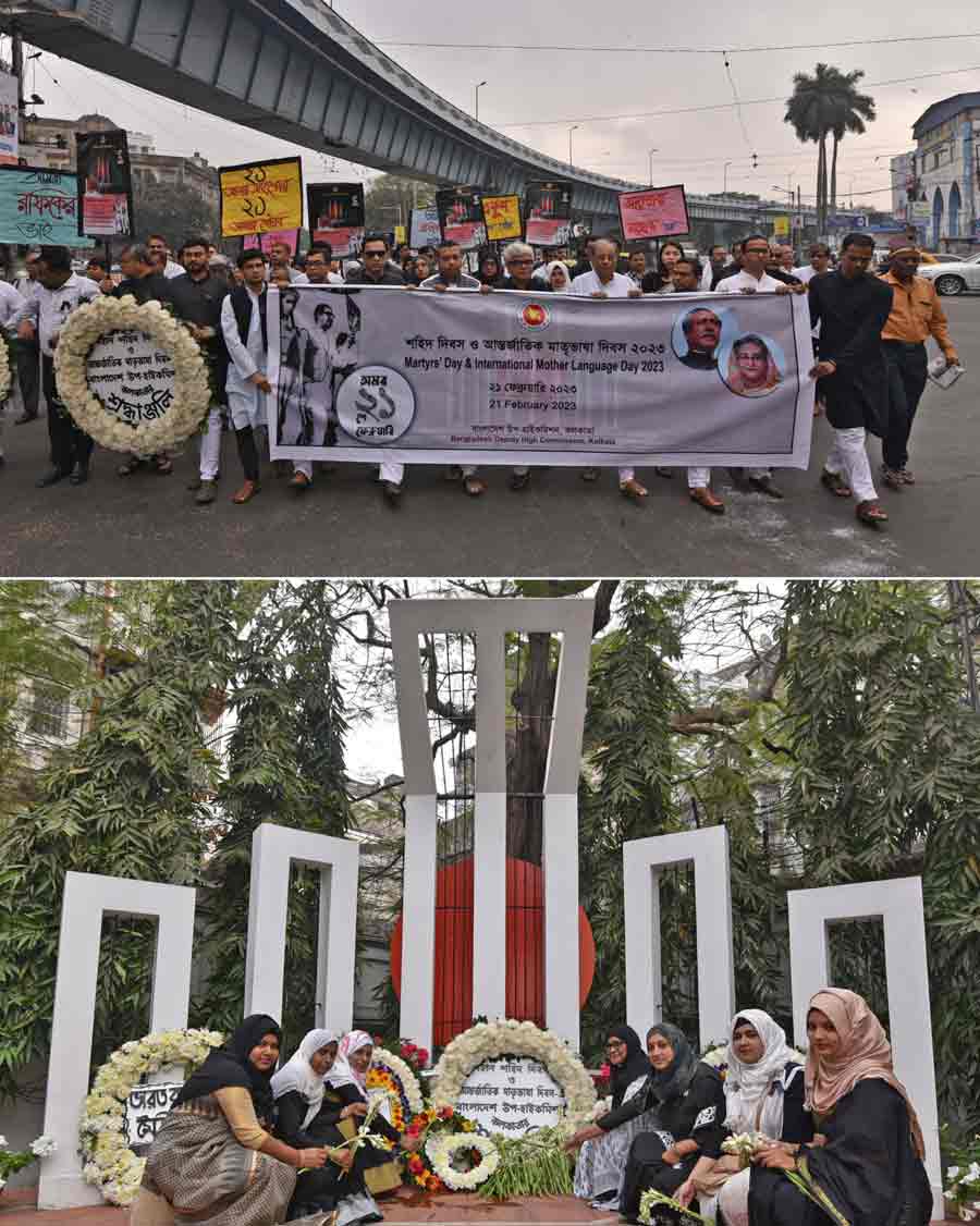 (Top) A 'probhat feri' (morning walk) on the occasion of International Mother Language Day was organised from the Bangladesh Library and information Centre to the Bangladesh Deputy High Commission. This was led by Andalib Elias, Bangladesh Deputy High Commissioner. (Below) Women also paid floral tributes at the Shaheed Minar at the Bangladesh Deputy High Commission premises   