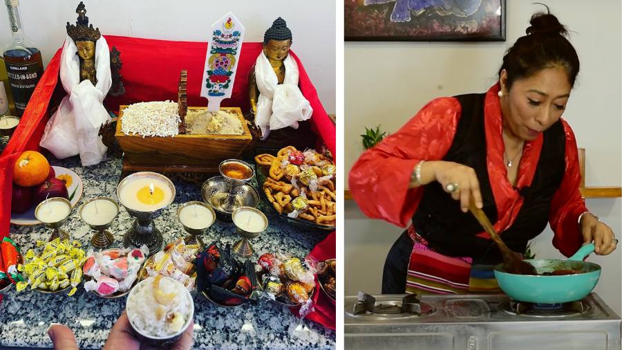 On the day of Losar Tashi Delek, offerings of dry fruits, chocolates, candy, Tibetan fried cookies called ‘khapse’, fruits and liquor are made at the altar, and (right) Doma Wang making her Losar-special Pork Roast