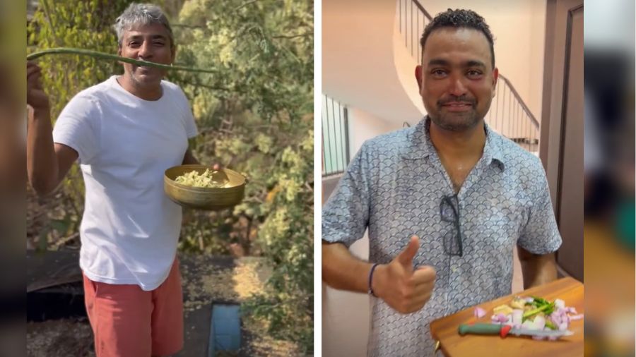 Jadeja (left) picks flowers and pods from the moringa/ drumstick tree in his garden. ‘I know what to do with this (drumstick) in my sambar or dal but what to do with this (drumstick flowers), Avinash will tell me!’ the cricketer says  to the chef (right) in the video  