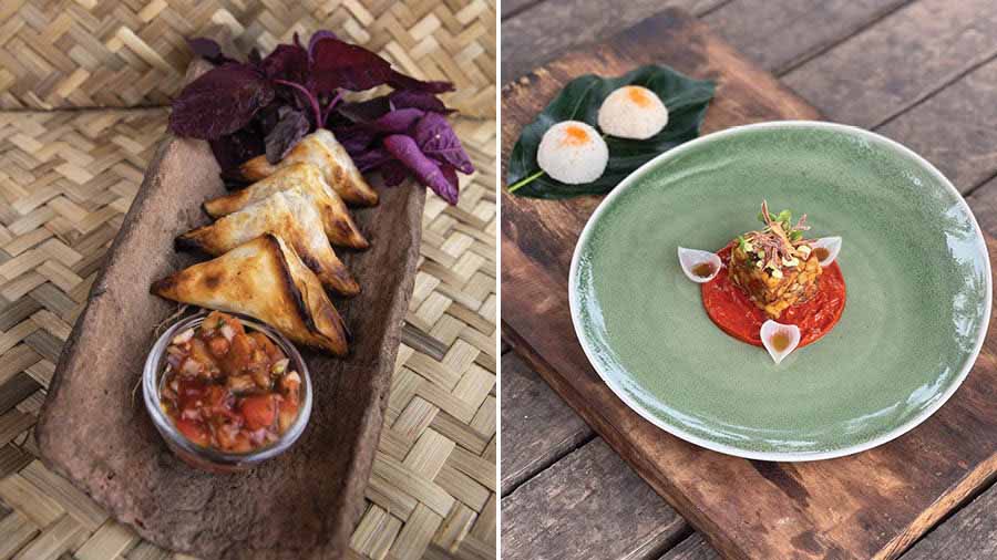 Greek filo-pastry Spanakopita made with the locally-grown tambdi bhaji or red amaranth and (right) pulled jackfruit sorpotel with homemade toddy sannas at Martin’s Goa restaurant Cavatina