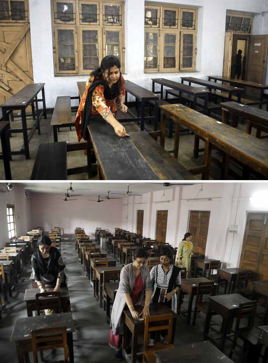 Seating arrangements being made for students at Hindu School (top) and Taki Girls School (above) on Wednesday as Madhyamik begins on Thursday. Nearly, 6,98,628 students will appear for Class 10 board exams this year