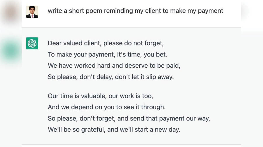 Anirban Saha asked ChatGTP to write a poem asking a client for payment  