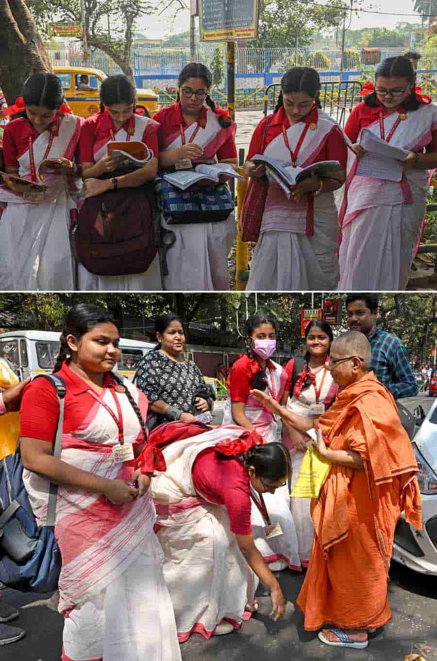First day of Madhyamik exams witnesses groups of students carrying on last-minute revisions outside test centres. (Top) Engrossed students go through their notes one final time outside Bethune Collegiate School. (Bottom) A student seeks the blessing of an elder before entering the exam venue. 2,867 exam centres have been set up across the state. Nearly 7 lakh students are appearing for Madhyamik in 2023. The board has informed that the results will be published in the last week of May