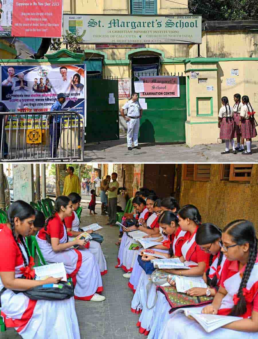 Final moments before taking the first big exam of school life as students revise outside St Margaret’s School. Madhyamik examinees appeared for their first language paper today. Each day, the examination will commence at 11.45am and continue till 3pm. Madhyamik will end on March 4