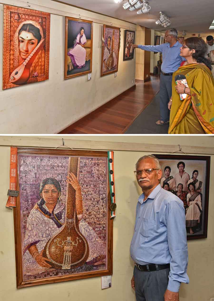 Memorable moments of melody queen Lata Mangeshkar in paintings by Ramkripal Namdeo on display at Chitralatika, an exhibition at Jamini Roy Art Gallery (ICCR) on Thursday. Around 40 such paintings depicting moments from Lata Mangeshkar’s musical career as well as personal life are a part of the exhibition. (Bottom) Artist Ramkripal Namdeo poses for a photo next to one of his artworks