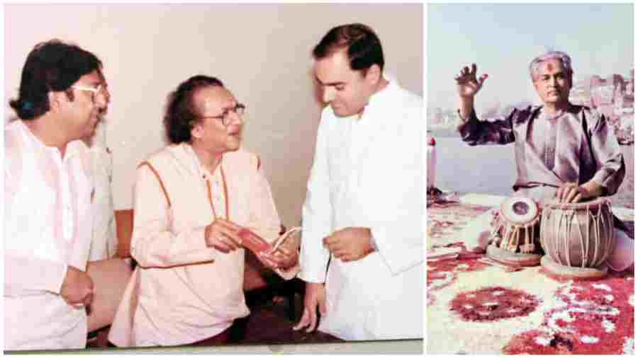 Pandit Ravi Shankar speaks to Prime Minister Rajiv Gandhi with Rabin Paul beside him. (Right) Pandit Kishan Maharaj plays  the tabla on a boat in Varanasi. 
