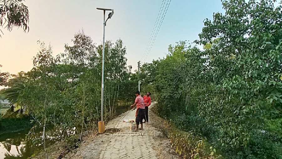 Solar street light being set up along a road in Kultali in the Baruipur subdivision of South 24-Parganas