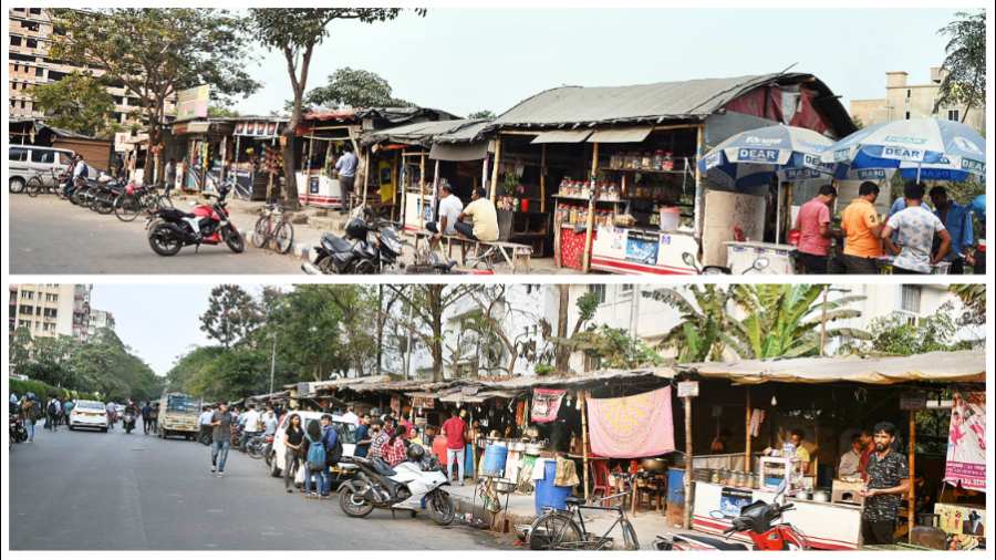 Hawkers’ stalls in AF Block and (below) behind Nazrul Tirtha in New Town on Thursday