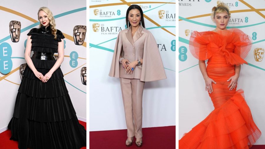 L-R: Gwendoline Christie, Michella Yeoh and Florence Pugh at the 76th British Academy Film Awards (BAFTA) on February 19, 2023