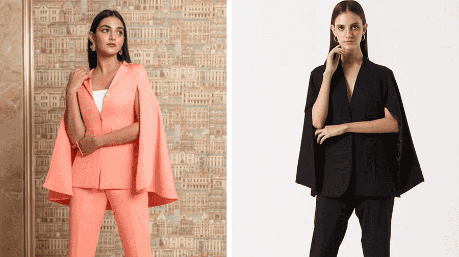 Coral Crepe Cape Style Blazer And Trouser Set by B'Infinite and (right) Black Woven Cape Blazer Set by The Hem’d
