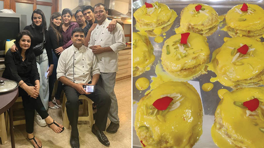 Farah (first from left), Rubayat (fourth from right), their family and the chefs in the Poonawalla kitchen. The shahi tukda featured on the dessert menu