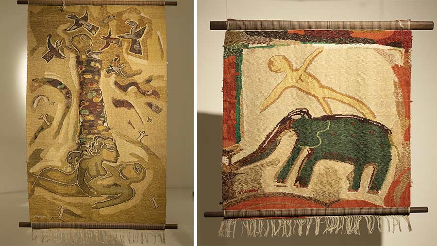 L-R: ‘Maithuna’ and ‘Elephant and man’ in Vasudevan’s tapestries