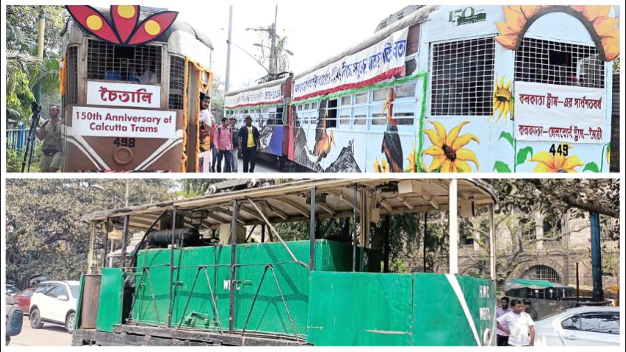 Trams at the Esplanade tram depot for the celebration of the 150th anniversary of trams in Kolkata and (below) a tram made in the early 20th century at the depot on Friday