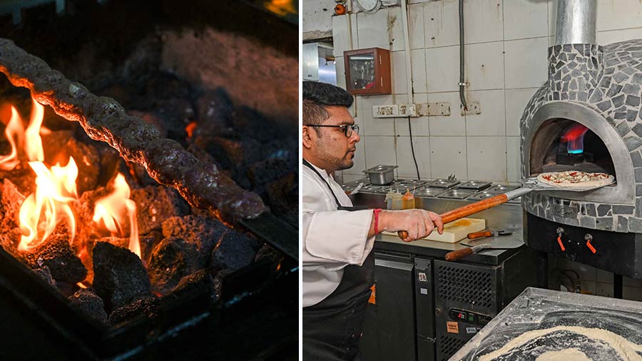 The stones reach high temperatures and when the fat from the kebab drips on it, it invites large flames of fire followed by smoke which give the kebab its smokey flavour. (Right) the pizza stone oven 
