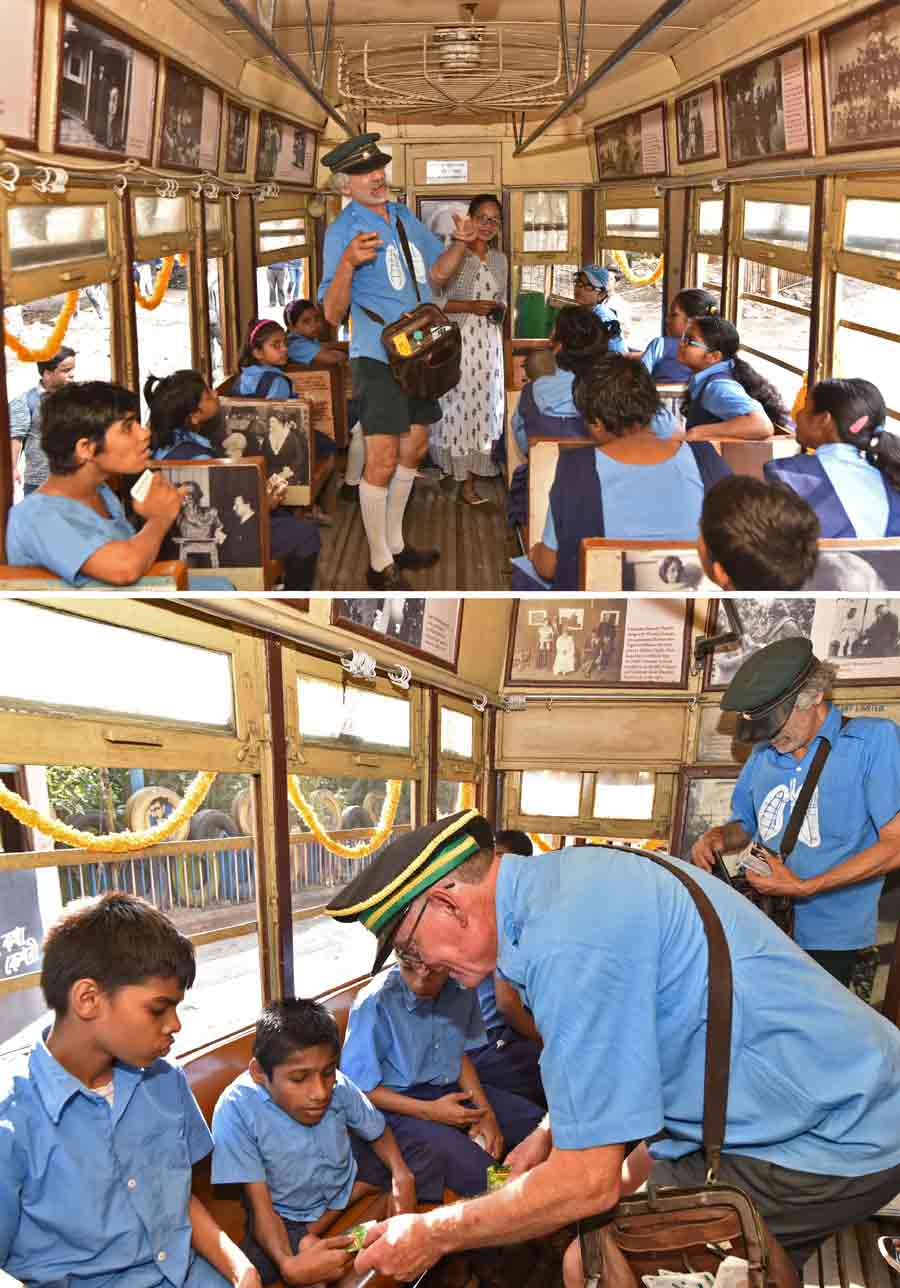 As part of Tramjatra 2023, an initiative that celebrates 150 years of trams in Kolkata, underprivileged children and specially abled kids were taken on a joyride from Esplanade tram terminus to Gariahat tram depot on Saturday. Roberto D'Andrea, former Melbourne tram conductor, entertains the children on board the tram. Tony Graham, former Melbourne tram conductor, gives a Tram Card to a kid 