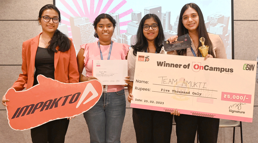 The winners of the Hult Prize OnCampus Program, (from left) Supreeti Poddar, Shreya Maity, Ankita Jana and Mahek Kedia, at St Xavier’s College on Saturday.