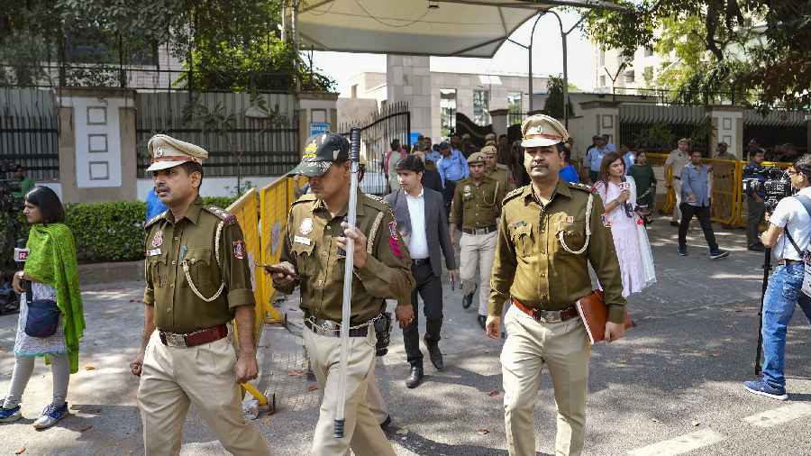 Tight security arrangements outside Rouse Avenue Court in view of AAP's protest over Delhi Deputy Chief Minister Manish Sisodia's arrest by CBI in the excise policy case, in New Delhi