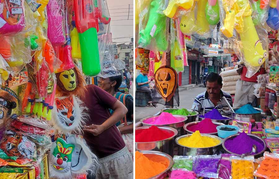 With only a few days left for Holi, shops in north Kolkata have stocked up on ‘gulaal,’ ‘pichkari’ and other items used to celebrate the festival of colours