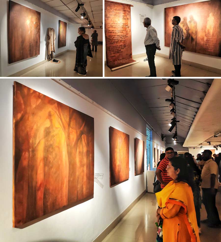 An exhibition displaying the works of artist Sharmila Paul on Rabindranath Tagore was inaugurated at the Academy of Fine Arts on Monday