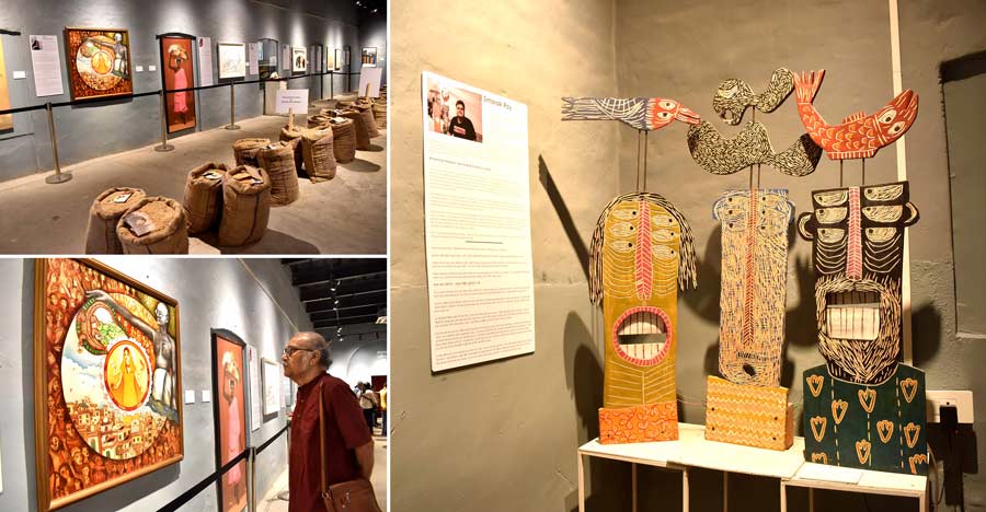 An exhibition and discussion on ‘Freedom and Awakening,’ organised by Kolkata Centre for Creativity, began on the premises of Alipore Jail Museum on Monday. The event aims to encourage dialogue about the concepts of ‘freedom’ and ‘independence’ through the works of various artists. Jogen Chowdhury, Arunima Choudhury, Chandra Bhattacharjee, Chhatrapati Dutta and Jagannath Panda are among the notable names whose works are on display