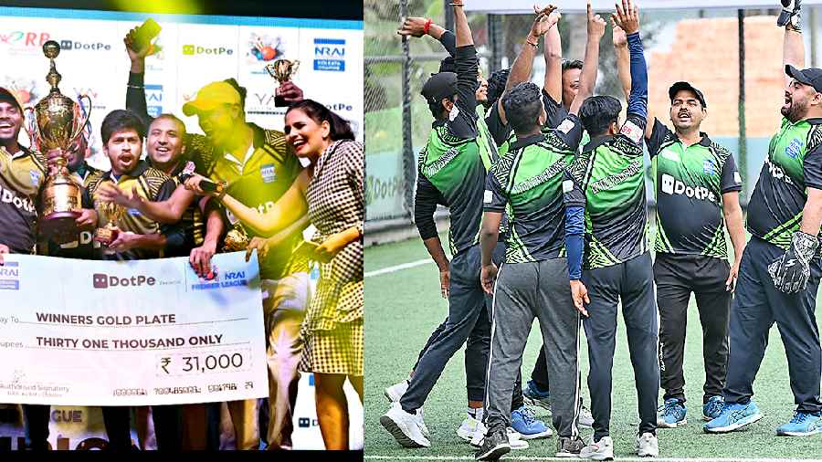 (L-R)Staff League champions Wow Momo proudly display their winner’s trophy, Team members of Little Pleasures high-five one another after taking the wicket of an opponent batsman in one of the Staff League matches