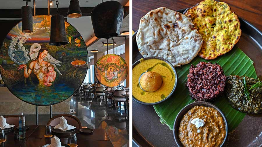 The hand-painted murals and (right) a ‘thaali’ served at Vedic, The Westin Kolkata Rajarhat’s restaurant on the 31st floor