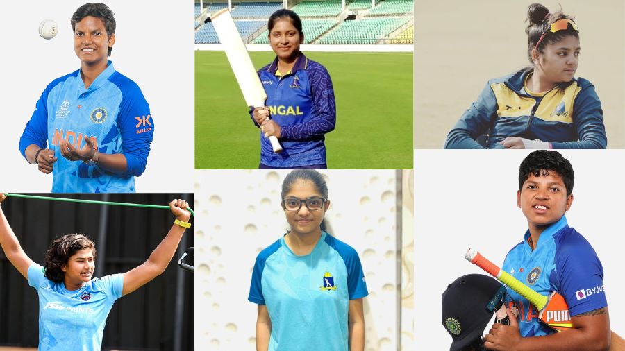 Clockwise from top left: Deepti Sharma, Priyanka Bala, Saika Ishaque, Richa Ghosh, Dhara Gujjar and Titas Sadhu