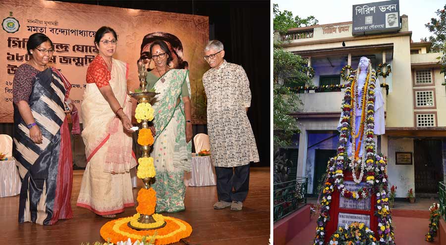 A statue of Girish Ghosh decorated with garlands in front of his house on the occasion of his birth anniversary on Monday. (L-R) Katha Das, Shashi Panja, Suranjana Dasgupta and Tirthankar Chandra light the ceremonial lamp at Girish Mancha, where an event was organised to commemorate Girish Ghosh’s birth anniversary