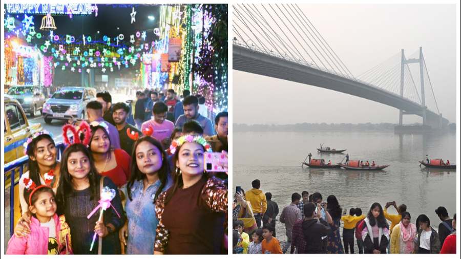 Revellers on Park Street and (right) at Prinsep Ghat on New Year’s Eve