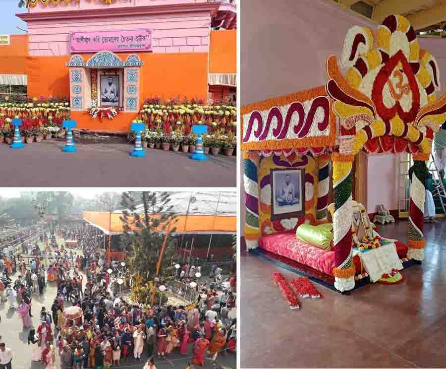 (Clockwise from top) Ramakrishna Paramhansa’s photographs and idol decorated with flowers on the occasion of Kalpataru Utsav at Cossipore (Udyanbati) on January 1, Sunday. Devotees thronged the location on the special day