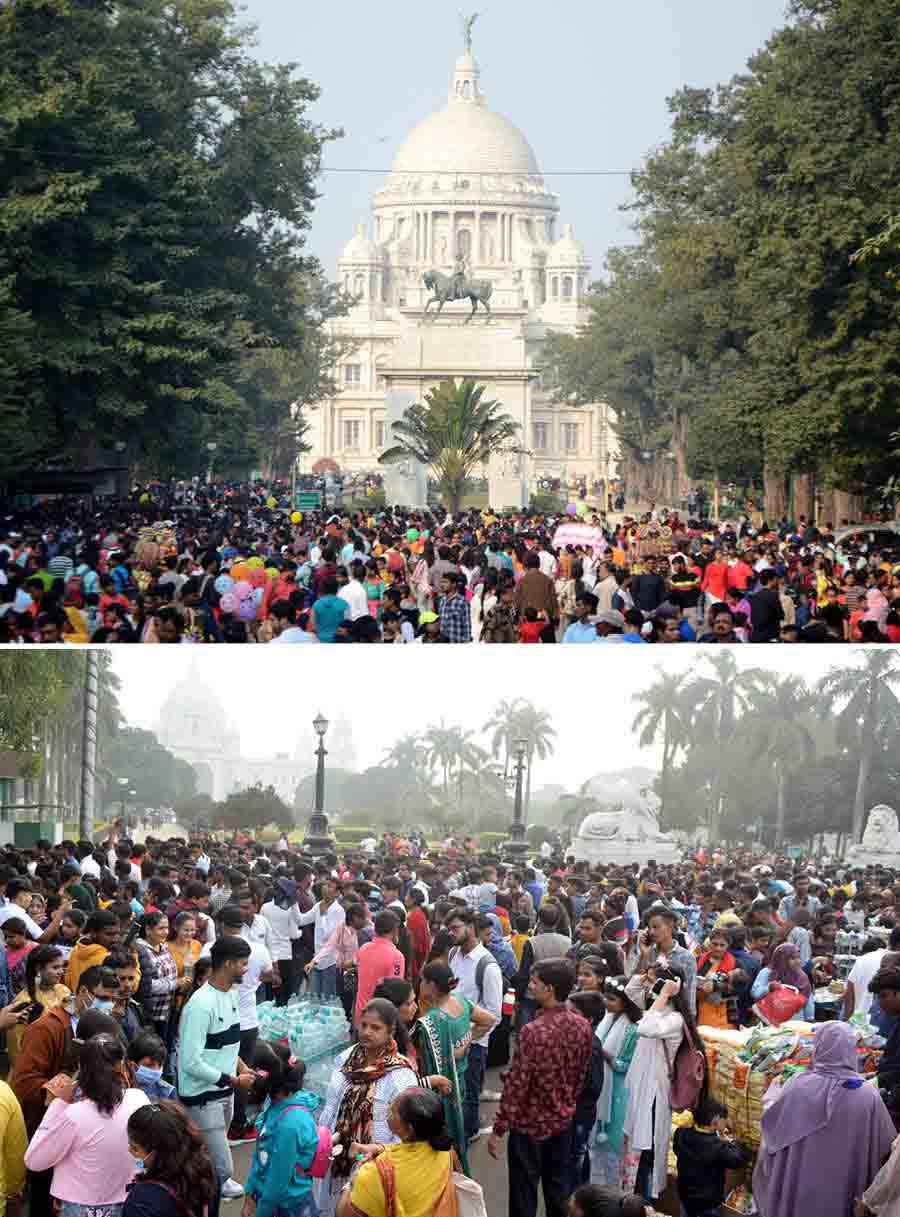 Thousands of Kolkatans ushered in the New Year by visiting popular city hubs, several of which witnessed an enormous footfall. Seen in the picture is a sea of people in front of Victoria Memorial on Sunday