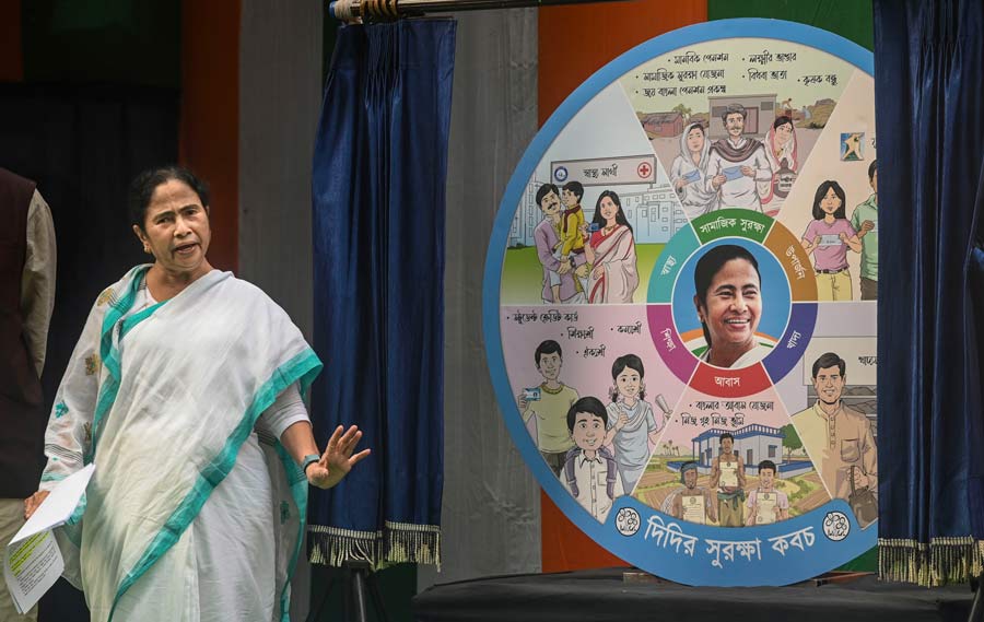 Chief minister Mamata Banerjee at the launch of TMC’s new campaign ‘Didir Suraksha Kavach’ in Kolkata on Monday. The initiative, which has been designed as an outreach programme, aims to connect members of the party and the public. The campaign will start from January 11