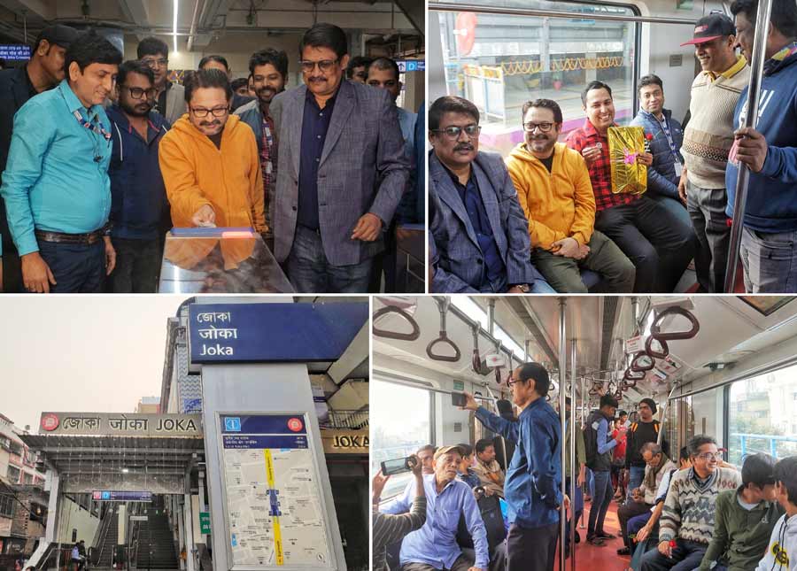 (Clockwise from top) Actor-director Shiboprosad Mukherjee punches a Metro card and enjoys a ride during the first commercial run of the Joka-Taratala Metro route on Monday. Passengers onboard the Metro. A decked-up Joka Metro station welcomes passengers on Day 1. The Metro services will be operational from 10am to 5pm