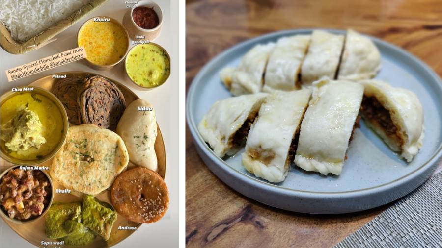 (L-R) A Chamba thali served from Mehta’s kitchen with dishes like Chaa meat, ‘rajma madra’, ‘sapu wadi’, ‘pataud’ and the steamed bun-like ‘siddu’ which will also be served as part of the menu