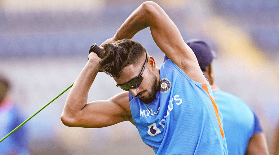 Umran Malik at practice on Monday.