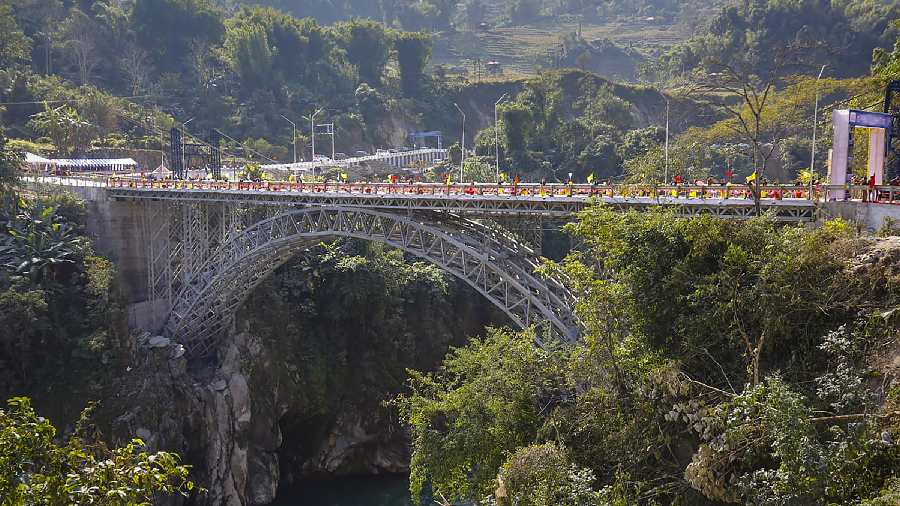 Siyom Bridge in Arunachal Pradesh on the day of its inauguration by Defence Minister Rajnath Singh. 