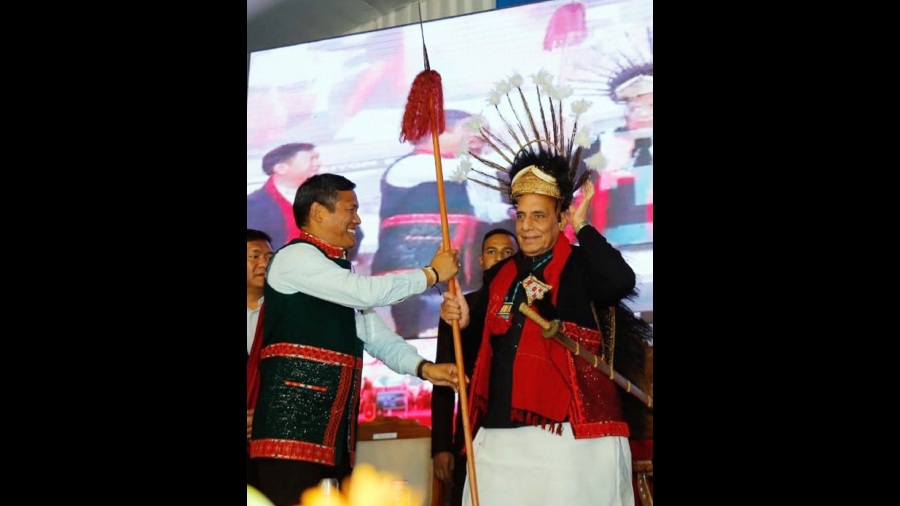 Singh in traditional tribal attire with Arunachal Pradesh Chief Minister Pema Khandu. In 2022, along with these 28 projects, the organisation has dedicated a record 103 infrastructure projects to the nation, the defence minister said.