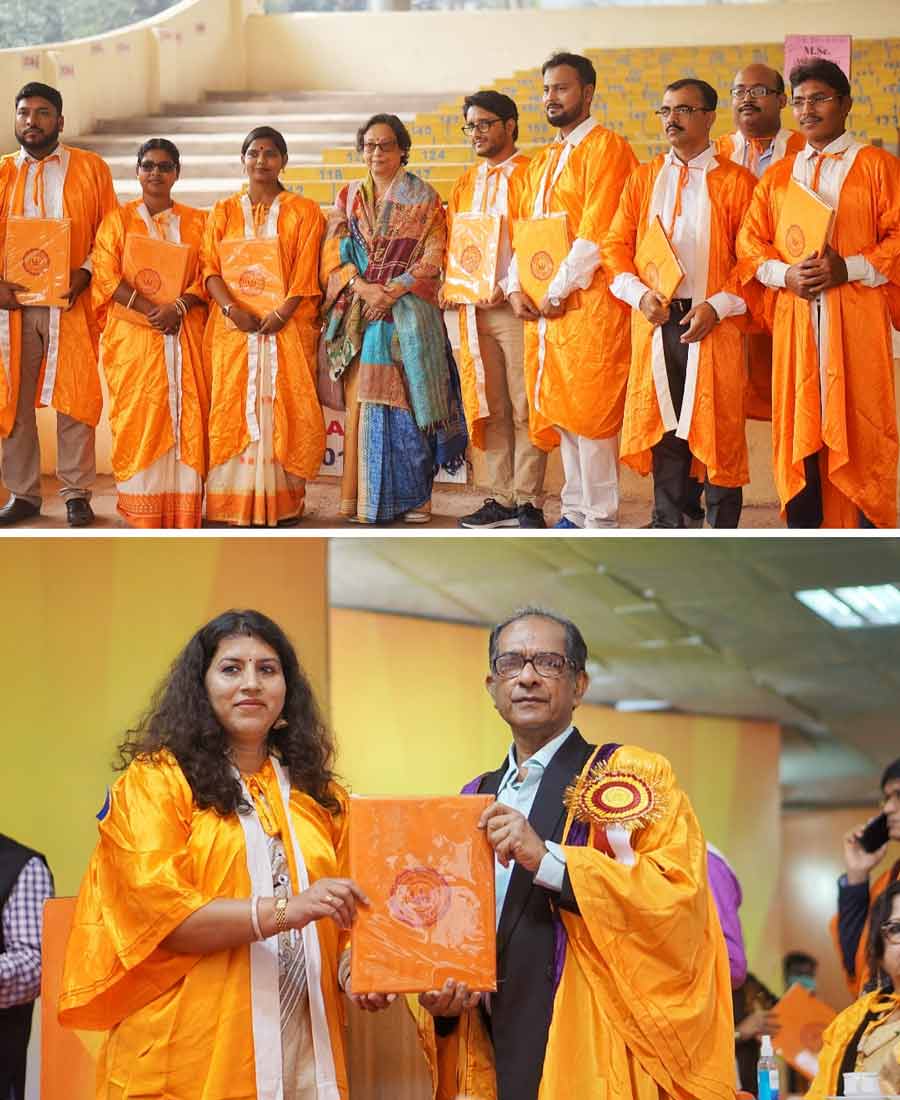 Jadavpur University hosted a convocation ceremony for graduating students on Monday. (Bottom) Suranjan Das, vice-chancellor, Jadavpur University, hands over degree to a student at the university’s convocation on Tuesday, January 3