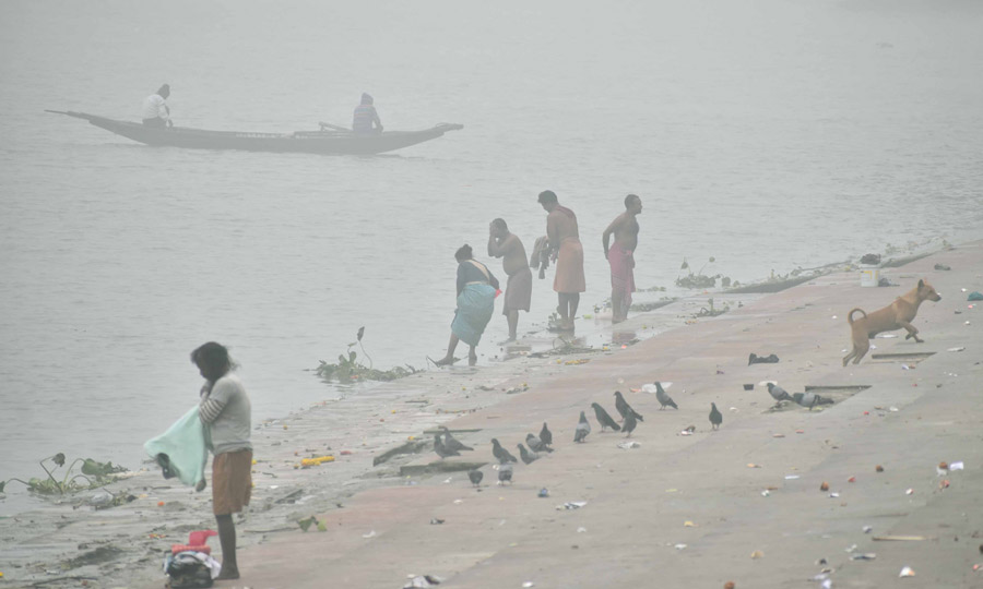 Ganga ghat, north Kolkata, covered in morning fog on Tuesday