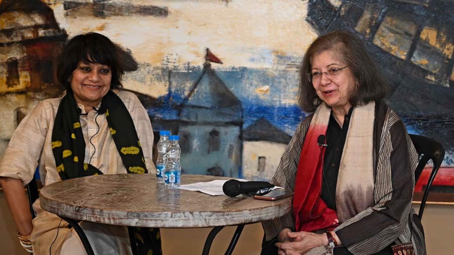 Artist and sculptor Rina Banerjee with (right) director and curator of CIMA Gallery, Rakhi Sarkar 