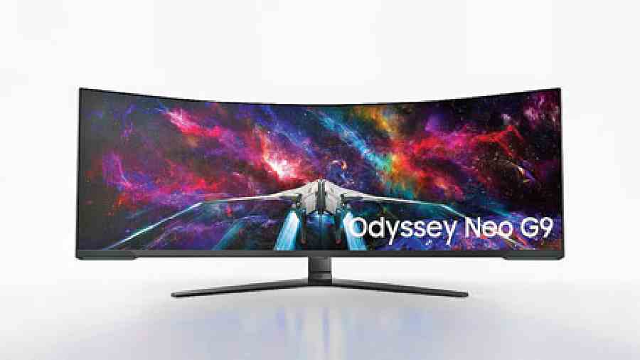 Samsung’s 57-inch Odyssey Neo G9 curved display (above) aimed at gamers.