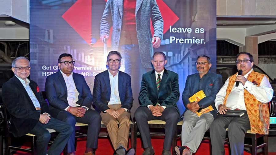 (L-R): Subrata Paul, Saibal Ghosh, Alex Ellis, Nick Low, Debanjan Chakrabarti and Sourav Niyogi on stage at BHF’s annual Heritage Dinner at the British Club