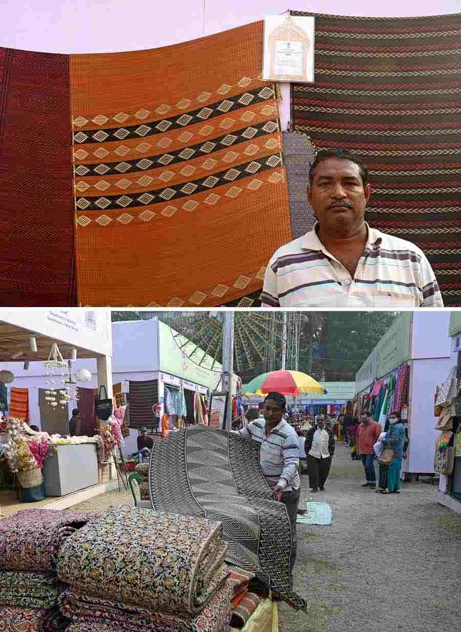 Alok Kumar Jana from Sabang, West Midnapur is a National Award-winning artist specialising in the weaving of carpets with natural products. He, along with his other family, is involved with this ‘madur shilpo’ for generations. Jana while displaying their creations that have been adapted for modern-day usage proudly states that Sabang is where many others of his trade have earned national and international recognition. Traditional methods, dyeing with natural colours and adapting items for modern conditions are the notable features of their products and art