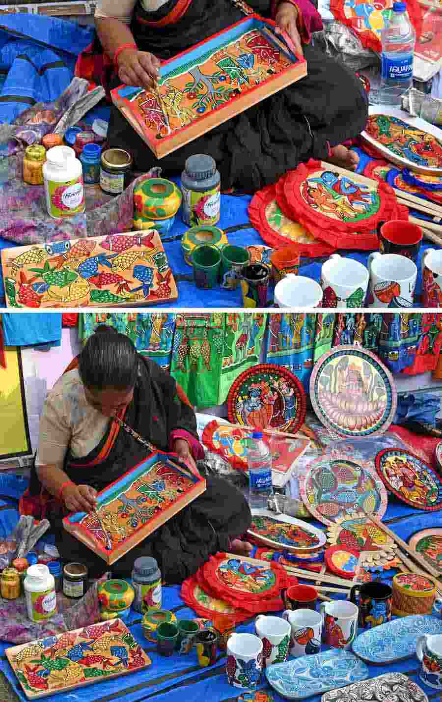 Ruma Chitrakar from Pingla, East Midnapur, specialises in embellishing sarees, ‘dupattas’, T-shirts and other wooden or aluminium products with her ‘patachitra’ art. Expressing her happiness at being at the fair, she observed that smaller items such as trays or trinkets are selling more in this edition of the Khadi Mela