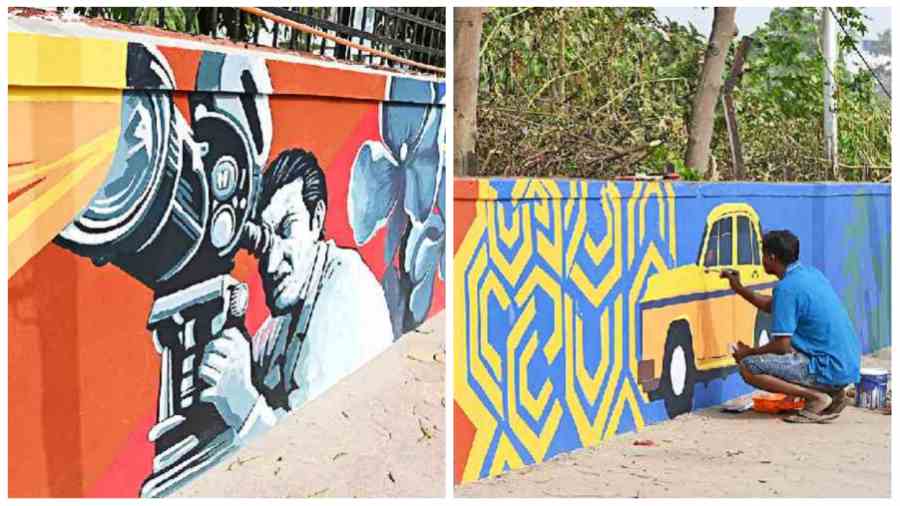 Paintings depicting Satyajit Ray and a yellow taxi are among the ones that adorn the walls of the Border Security Force’s housing complex that stretches from Mahisbathan till the Technopolis signal. 