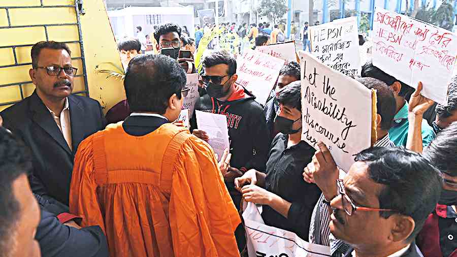The protest by the Forum for Students with Disabilities at Jadavpur University on Tuesday. 