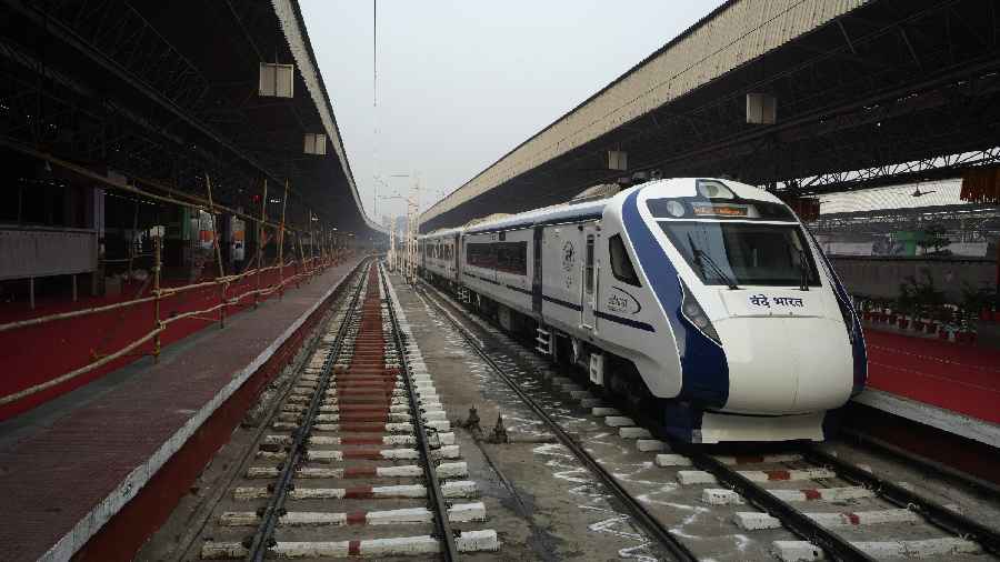 Vande Bharat Express train stands parked at Howrah railway station ahead of its flagging off ceremony, in Calcutta