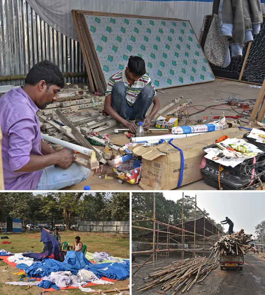 Preparations underway at the transit camp in Babughat. The temporary camp is being readied for Gangasagar Mela pilgrims