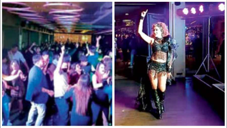 Club members and their guests made the most of the last night of the year by enjoying on the dance floor; (right) Dancer Dipshikha set the mood for guests to join the dance floor